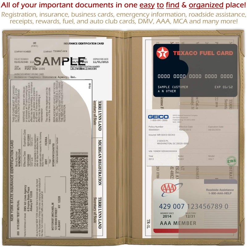 PlusXpres Auto Insurance and Registration Card Holder - Vehicle Glove Box Document Organizer - Car Essential Paperwork Holder for DMV  AAA  Contact Information Cards - Premium PU Leather Wallet Case - Beige - Image 4